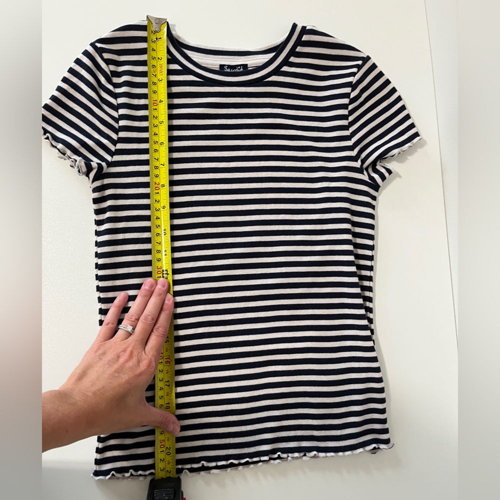 Splendid Women’s Small Navy White Striped Ruffle Hem Short Sleeve Tee - Picture 4 of 6